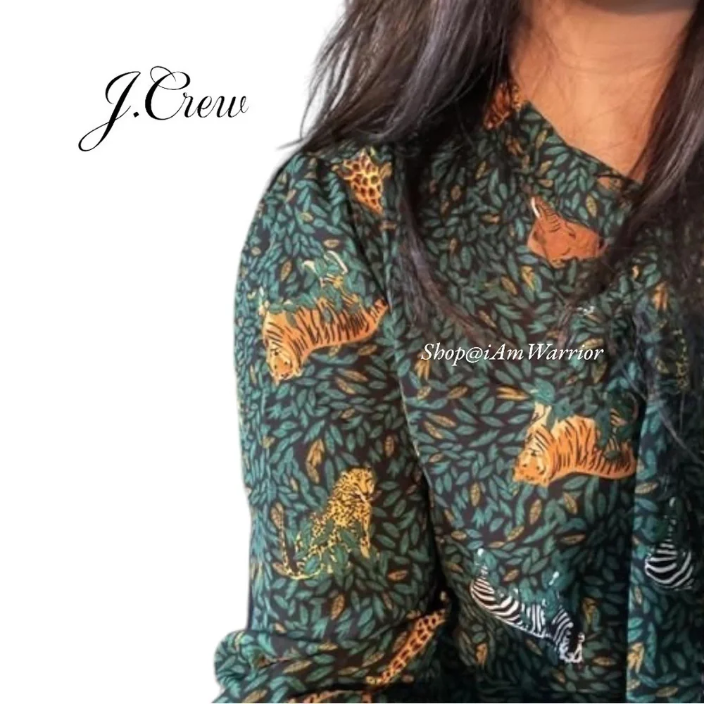 J.Crew hunter green jungle print tie neck blouse *shop@iamwarrior
